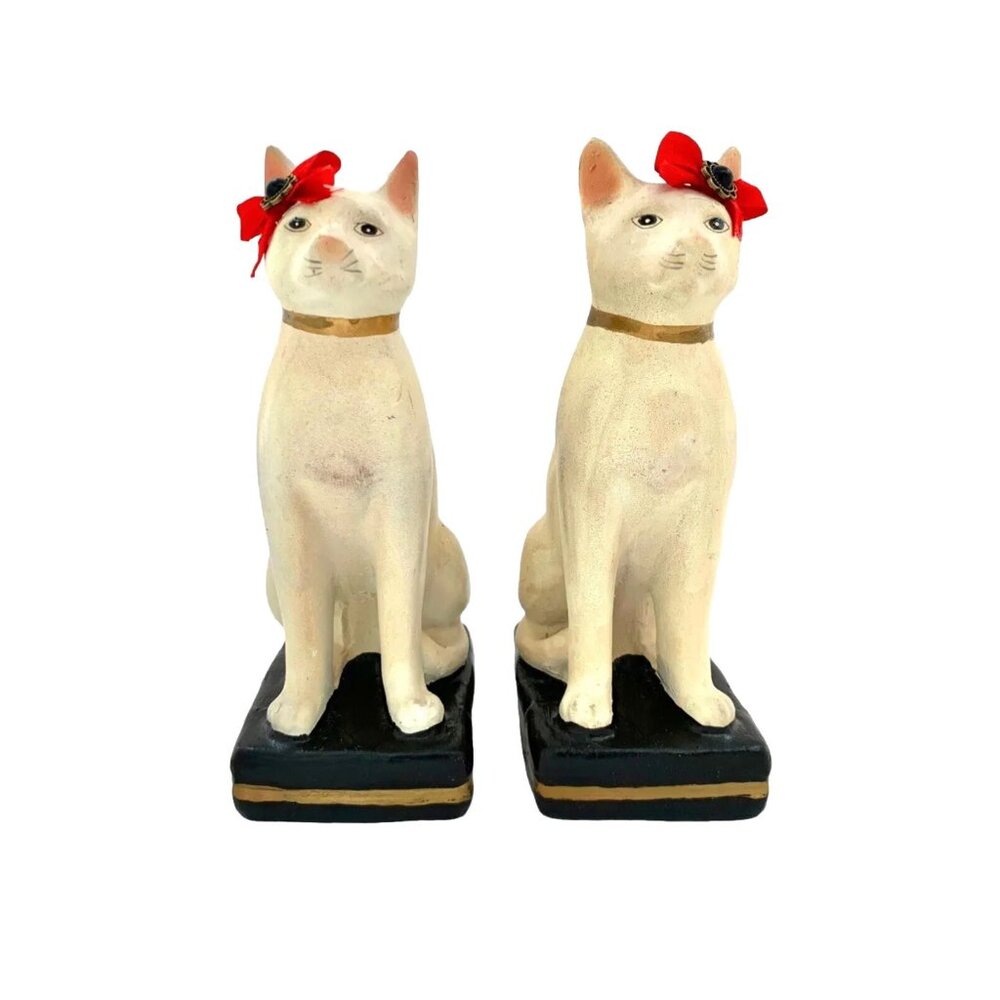 Cat Bookend Pair Cute Figurine with Bow Vintage Decor Gift